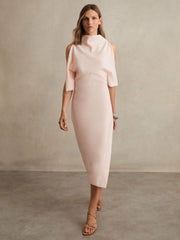 Reiss | Draped-Front High-Neck Midi Dress in Pale Pink