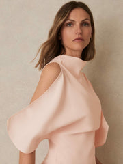 Reiss | Draped-Front High-Neck Midi Dress in Pale Pink