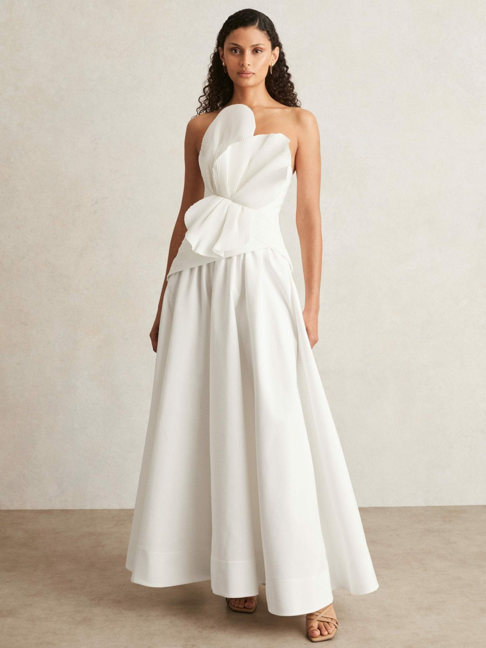 Reiss | Acler Ivory Plissé Fan Strapless Maxi Dress in Ivory