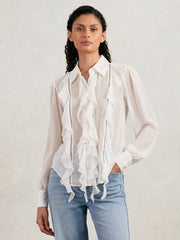 Reiss | Paige Silk Georgette Ruffle Trim Shirt in White