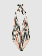 Reiss | Chevron Stripe Plunge Swimsuit in Black/Brown