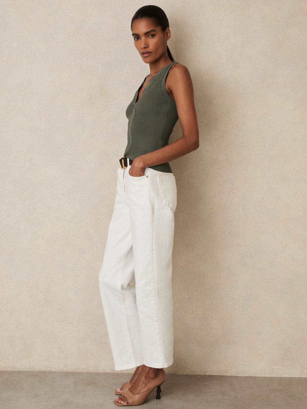 Reiss | Craft-Stitch Rib-Knit Vest in Khaki Green