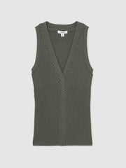 Reiss | Craft-Stitch Rib-Knit Vest in Khaki Green