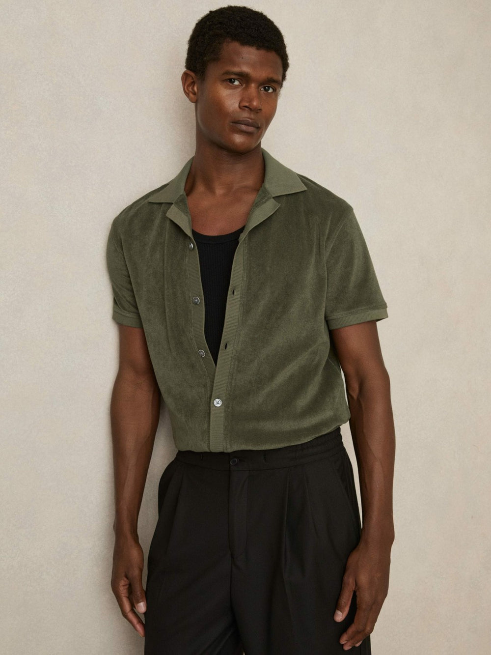 Reiss | Cotton Blend Towelling Shirt in Green