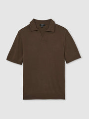 Reiss | Merino Wool Open Collar Polo Shirt in Chocolate Brown