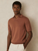 Reiss | Merino Wool Open Collar Polo Shirt in Cinnamon Brown