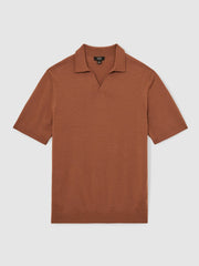 Reiss | Merino Wool Open Collar Polo Shirt in Cinnamon Brown