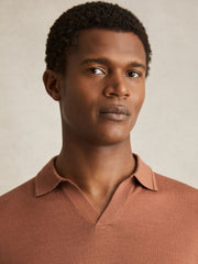 Reiss | Merino Wool Open Collar Polo Shirt in Cinnamon Brown