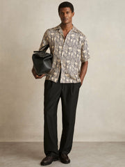 Reiss | Wave Print Cuban Collar Shirt in Off White/Navy
