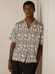 Reiss | Wave Print Cuban Collar Shirt in Off White/Navy