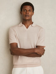 Reiss | Merino Wool Open Collar Polo Shirt in Beige