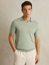 Reiss | Merino Wool Open Collar Polo Shirt in Sage Green Melange