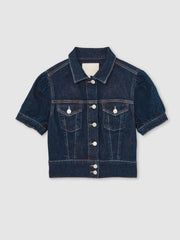 Reiss | Paige Puff-Sleeve Short Denim Jacket in Emberlynn Blue