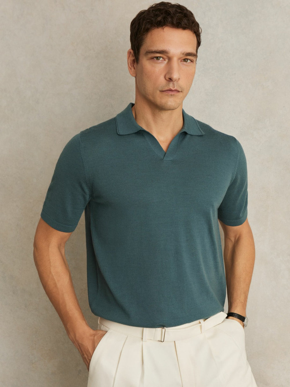 Reiss | Merino Wool Open Collar Polo Shirt in Orion Blue