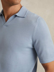 Reiss | Merino Wool Open Collar Polo Shirt in Soft Blue