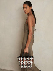 Reiss | Small Leather Woven Tote Bag in Tan/White/Black