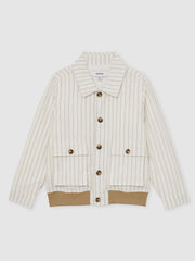Reiss | 13-14 yrs Cotton Pinstripe Harrington Jacket in Off White/Taupe Brown