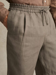Reiss | Linen Drawstring Shorts in Mushroom Brown