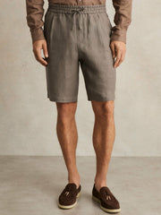 Reiss | Linen Drawstring Shorts in Mushroom Brown