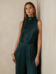 Reiss | Satin Cape-Sash Jumpsuit in Teal Green