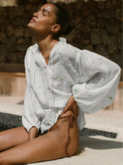 Reiss | Floral-Embroidered Tie-Neck Blouse Ramie-Lyocell in Ivory