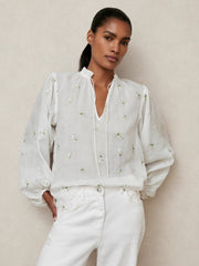 Reiss | Floral-Embroidered Tie-Neck Blouse Ramie-Lyocell in Ivory