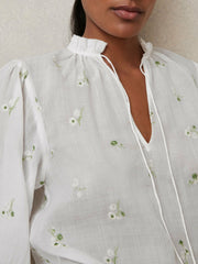 Reiss | Floral-Embroidered Tie-Neck Blouse Ramie-Lyocell in Ivory