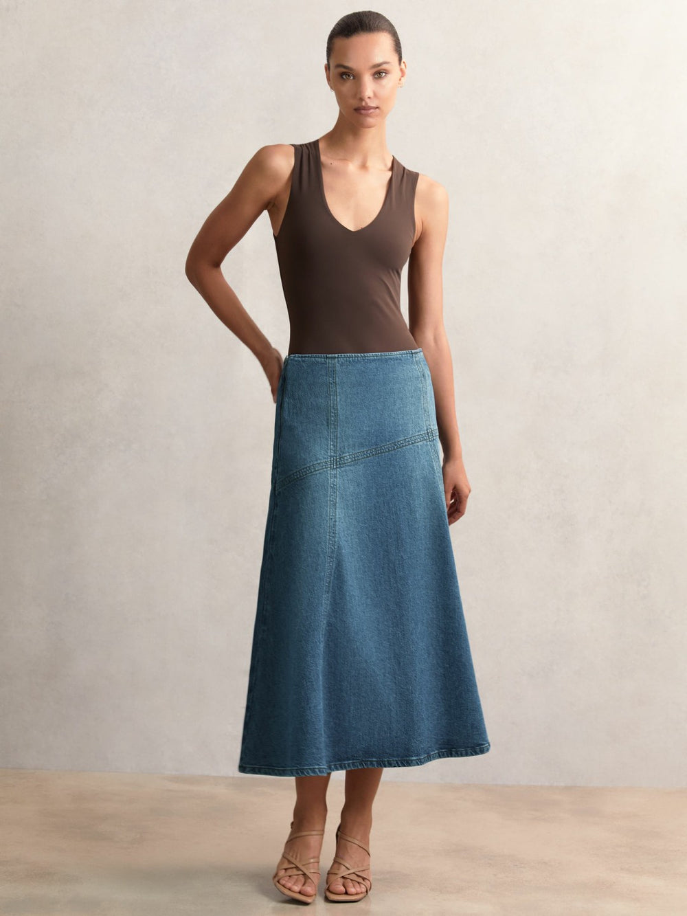Reiss | Denim Panelled Midi Skirt in Indigo