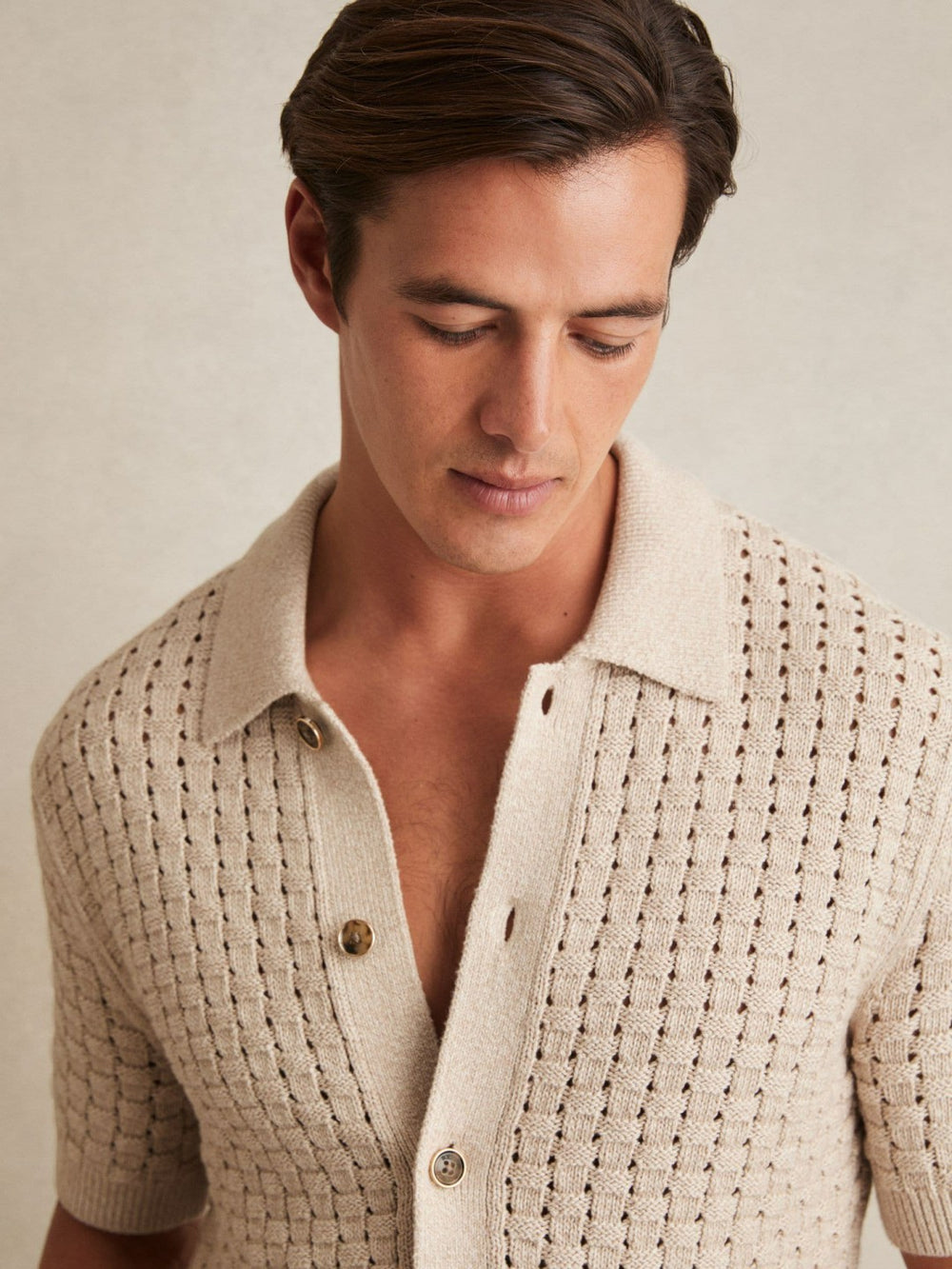 Reiss | Basketweave Knit Button Through Cotton Blend Shirt in Stone