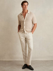 Reiss | Basketweave Knit Button Through Cotton Blend Shirt in Stone