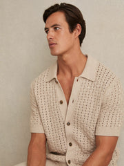 Reiss | Basketweave Knit Button Through Cotton Blend Shirt in Stone