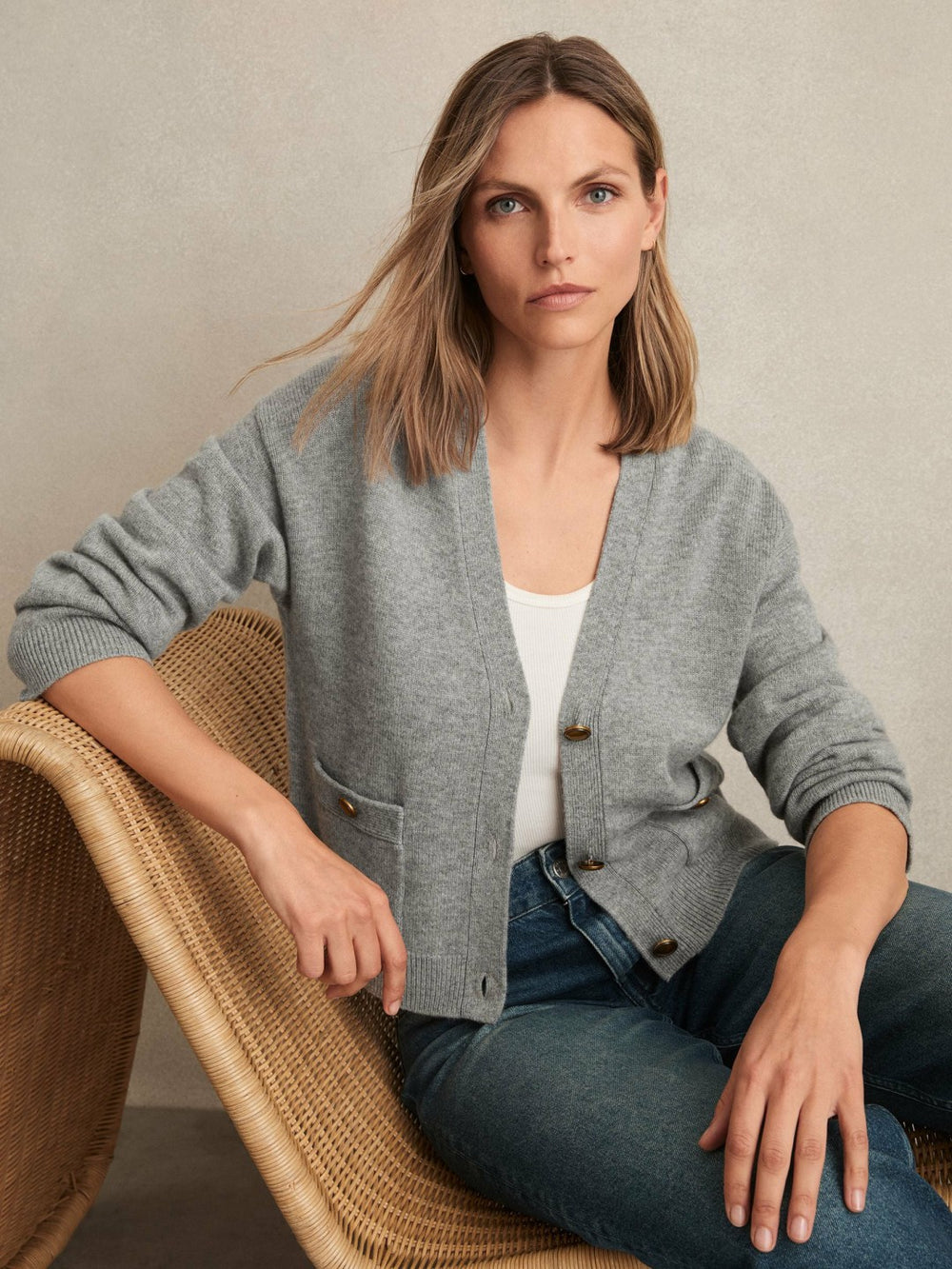 Reiss | Wool-Cashmere Button Cardigan in Silver Grey