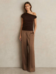 Reiss | Satin Wide Leg Elastic Waist Trousers in Taupe Neutral