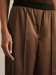 Reiss | Petite Satin Wide Leg Elastic Waist Trousers in Taupe Neutral