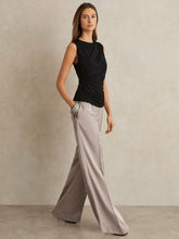 Reiss | Petite Satin Wide Leg Elastic Waist Trousers in Grey