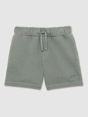 Reiss | 9-13 yrs Cotton Brand-Embroidered Shorts in Washed Sage