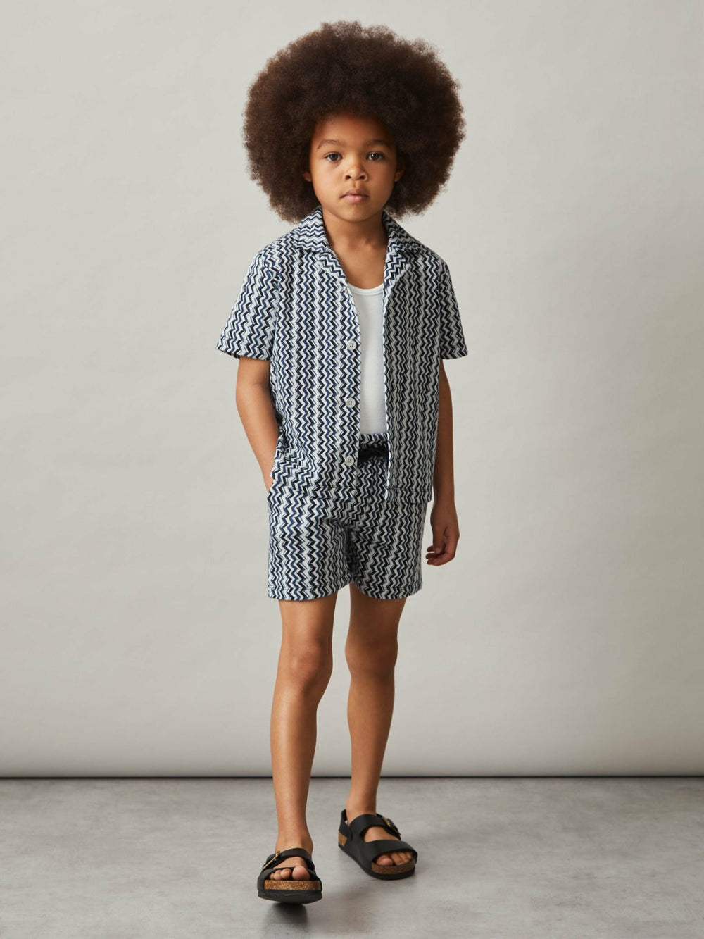 Reiss | 9-13 yrs Zig-Zag Knit Cuban-Collar Shirt in Blue