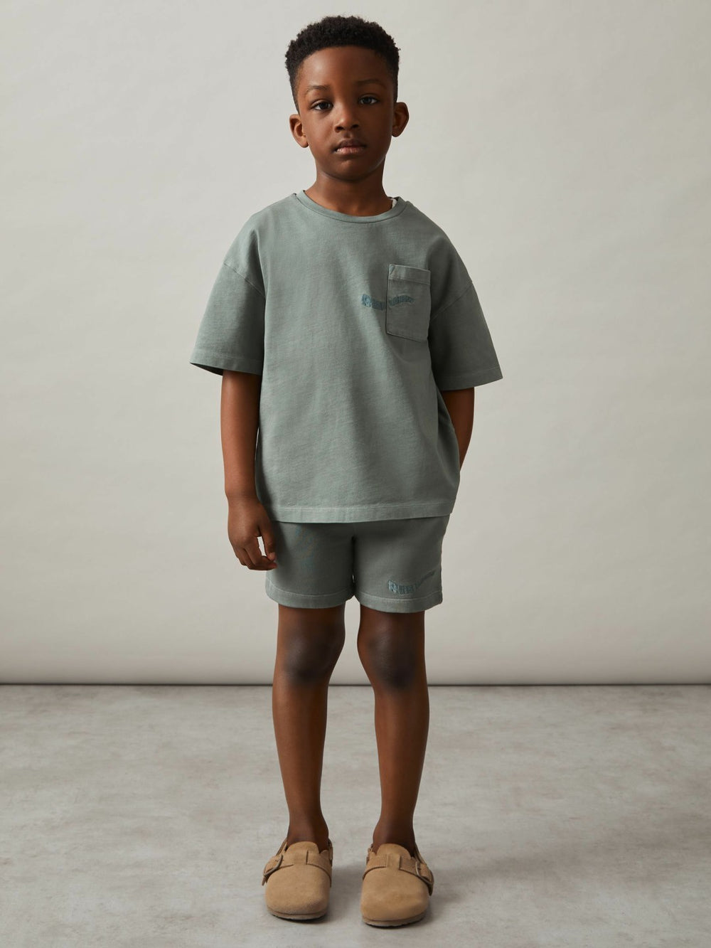 Reiss | 3-9 yrs Cotton Brand-Embroidered Shorts in Washed Sage