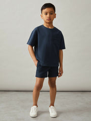 Reiss | 9-13 yrs Cotton Palm-Embroidery Oversize T-Shirt in Washed Navy