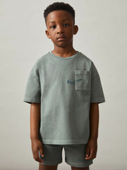 Reiss | 9-13 yrs Cotton Palm-Embroidery Oversize T-Shirt in Washed Sage