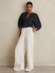 Reiss | Linen Balloon-Sleeve Top in Navy