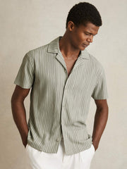Reiss | Textured Stripe Cuban Collar Shirt in Sage/White