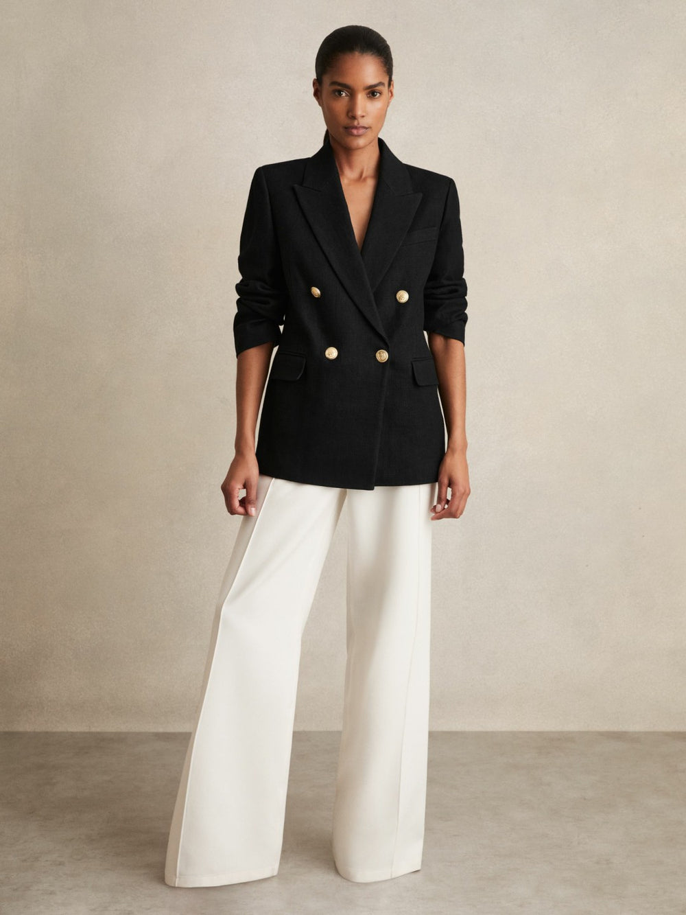 Reiss | Oversized Double-Breasted Blazer Linen-Blend in Black