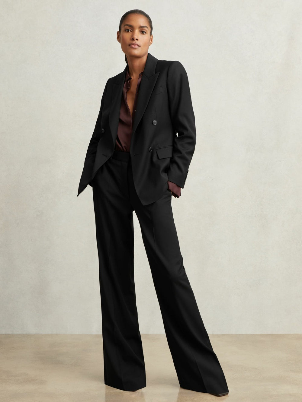 Reiss | Wool-Blend Wide-Leg Suit Trousers in Black