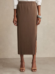 Reiss | Pleated Jersey Midi Skirt in Chocolate