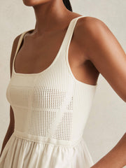 Reiss | Perforated-Knit Cotton-Skirt Midi Dress in Ivory