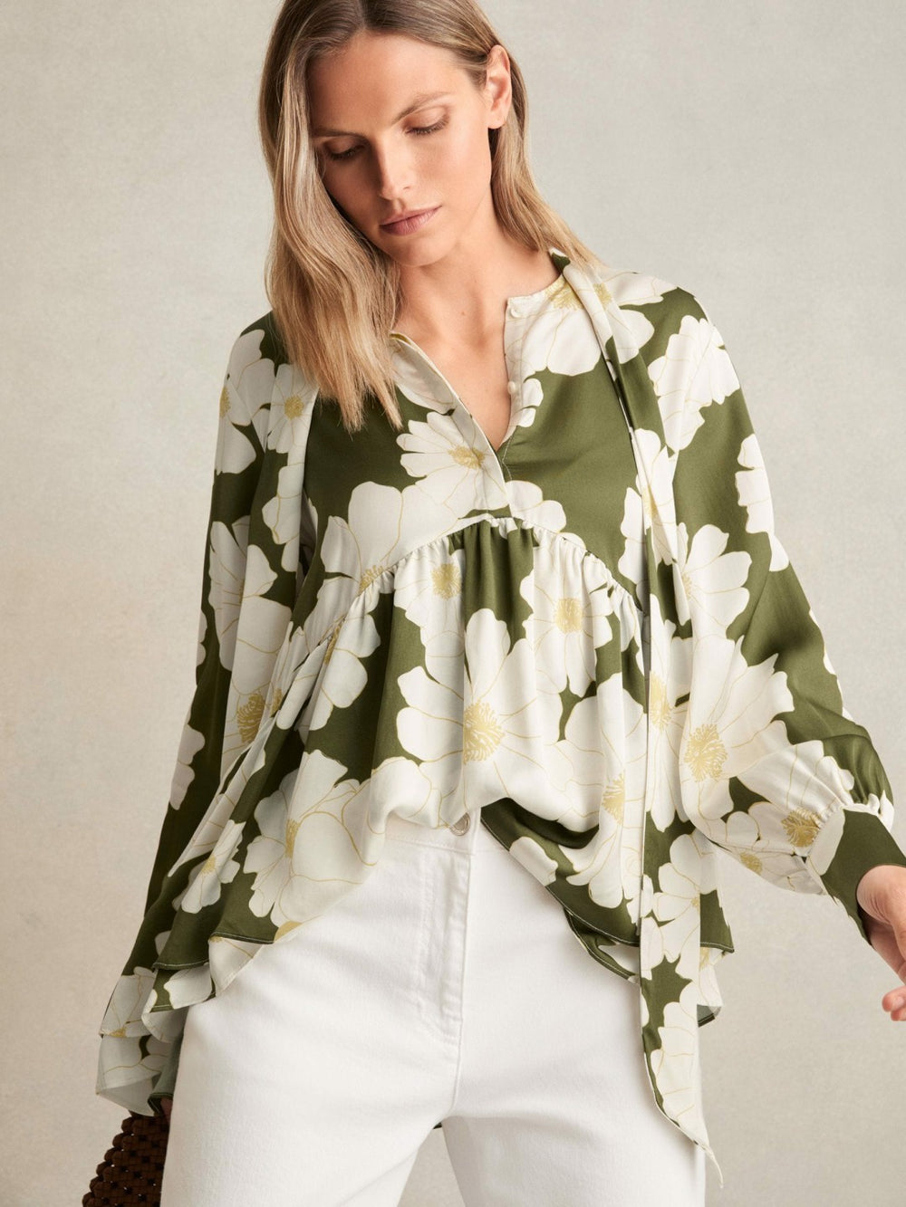 Reiss | Floral Tie-Neck Swing Blouse in Ivory/Green