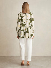 Reiss | Floral Tie-Neck Swing Blouse in Ivory/Green