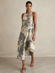 Reiss | Satin Floral Drape Midi Dress in Blue
