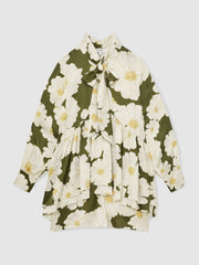 Reiss | Floral Tie-Neck Swing Dress in Ivory/Green